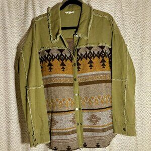 Mystree Aztec Raw Finish Jacket Shacket Olive Green Size Large
